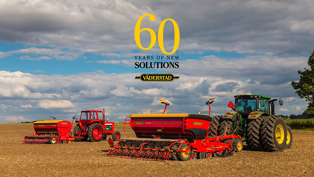 A red Väderstad Rapid 400C seed drill in the field, and the text "60 years of new solutions".