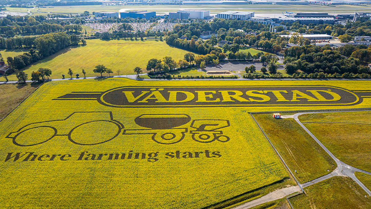 Aerial photo of a huge rape field outside Hannover Airport, planted as a Väderstad logotype