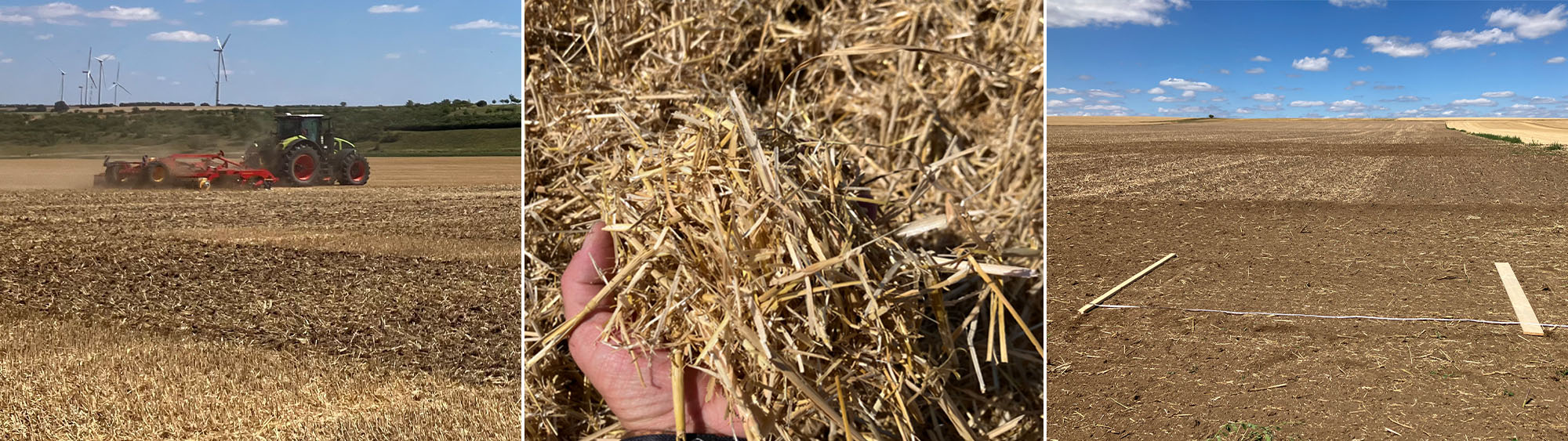 Collage of photos from the Väderstad straw distribution field study