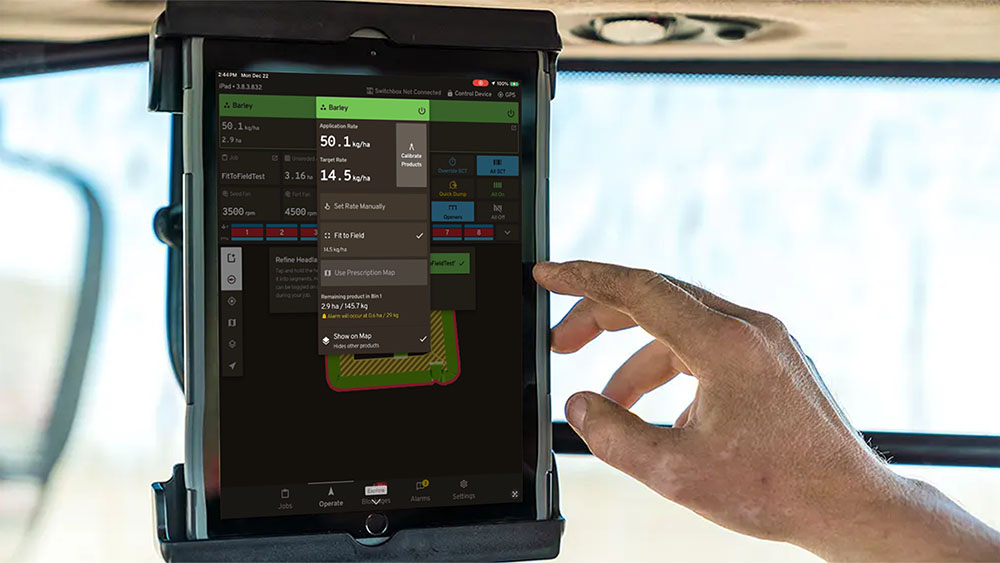 iCon Wireless Control System on an iPad in a tractor