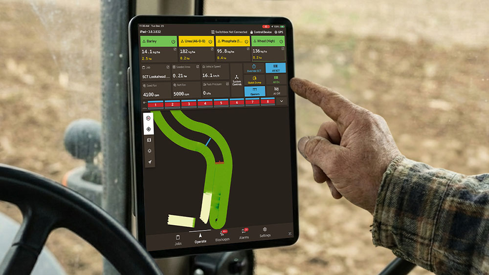 iCon Wireless Control System on an iPad in a tractor