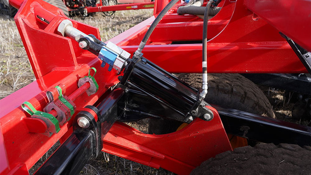 Close-up of the Väderstad Dakota frame stops, where you set the seed depth