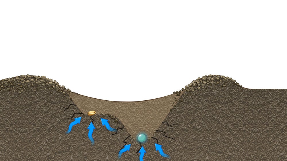 Illustration of how both seed and fertiliser have excellent access to capillary water when using the Seed Hawk's double-knife system.