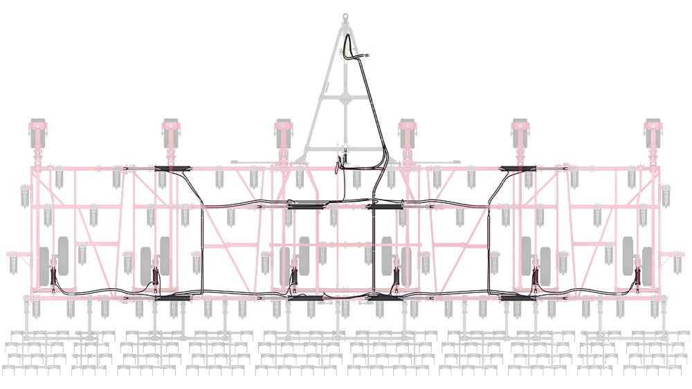 Illustration of the Wil-Rich 2500 Chisel Plow from above, highlightling the hydraulics