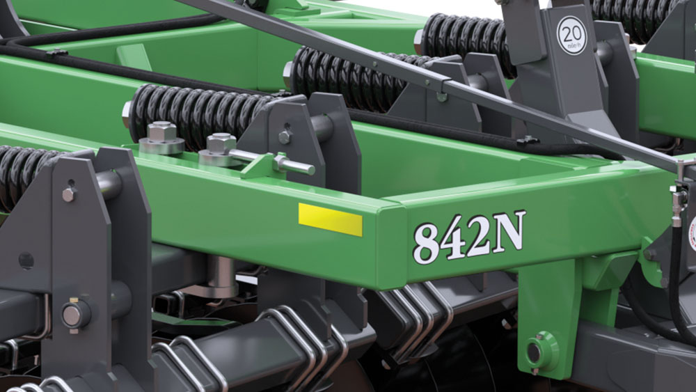 Close-up on the frame of a Wishek 842N Offset Disc cultivator