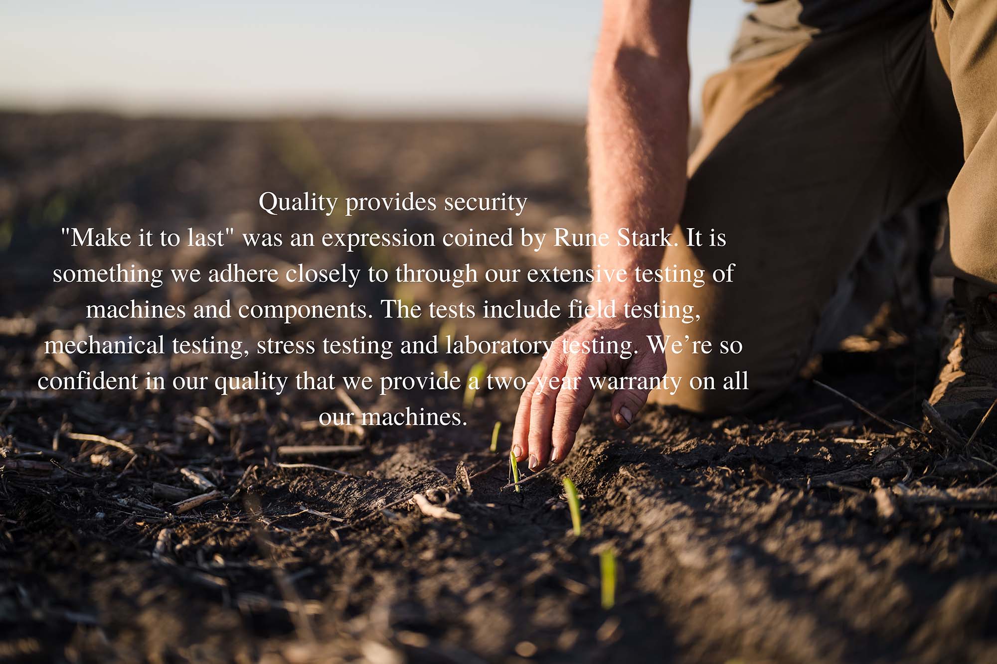 Man kneeling in field with text on top